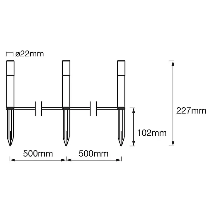 Ledvance Smart+ LED-Gartenspot Garten Pole Mini RGBW Erweiterungs-Set - RGBW, Mit Leuchtmittel - Dreifache Bodenbefestigung mit Maßangaben: Durchmesser 22 mm, Höhe 227 mm, untere Höhe 102 mm und 500 mm Abstand.
