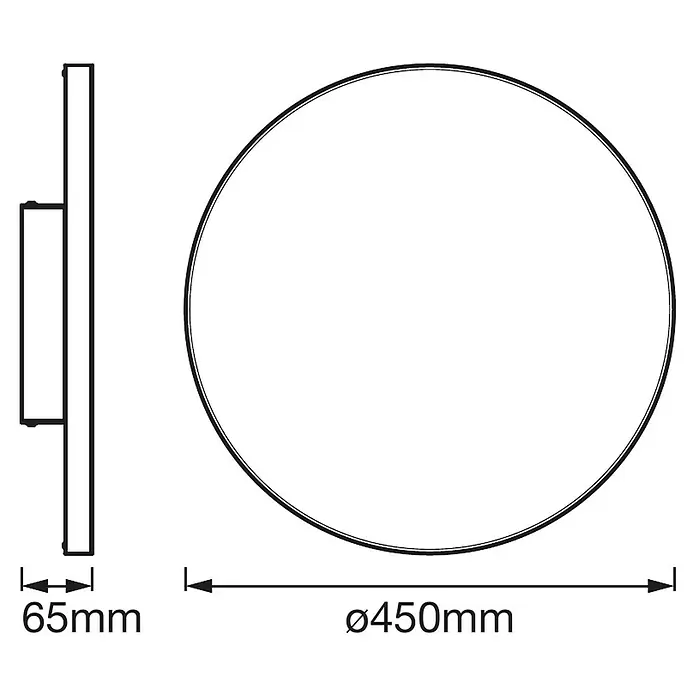 Ledvance Smart+ WiFi LED-Panel rund Planon Frameless - 28 W, Ø x H: 450 x 65 mm, Weiß - Technische Zeichnung einer runden LED-Wandleuchte mit den Maßen 450 mm Durchmesser und 65 mm Tiefe.