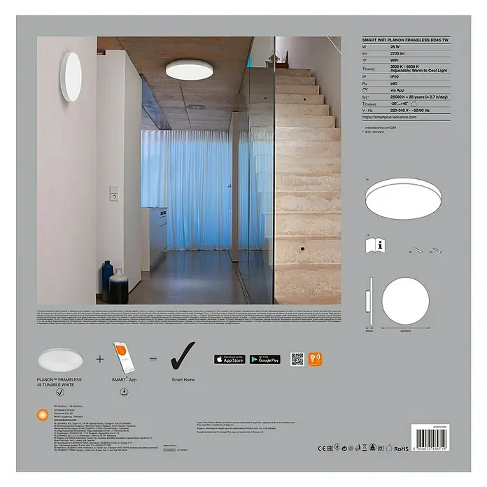 Ledvance Smart+ WiFi LED-Panel rund Planon Frameless - 28 W, Ø x H: 450 x 65 mm, Weiß - Das LEDVANCE Smart WiFi Planon Frameless RD45 TW Produktbild zeigt eine vielseitige, intelligente Beleuchtungslösung für Ihr Zuhause.