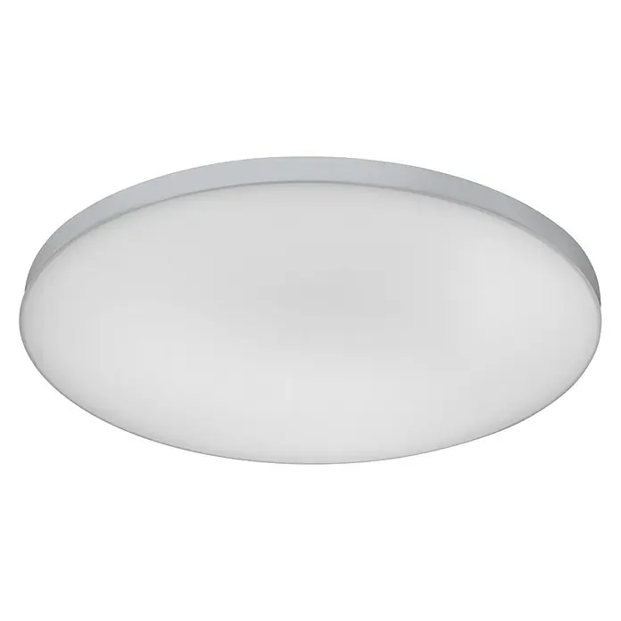 Ledvance Smart+ WiFi LED-Panel rund Planon Frameless - 28 W, Ø x H: 450 x 65 mm, Weiß - Nahaufnahme einer runden, weißen Deckenleuchte mit Chromrand, die eine moderne und minimalistische Ästhetik ausstrahlt.