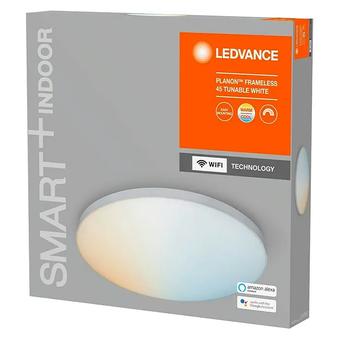 Ledvance Smart+ WiFi LED-Panel rund Planon Frameless - 28 W, Ø x H: 450 x 65 mm, Weiß - Nahaufnahme der LEDVANCE SMART+INDOOR Planon™ Frameless 45 Tunable White Deckenleuchte Verpackung, die das Produkt und seine Eigenschaften hervorhebt.