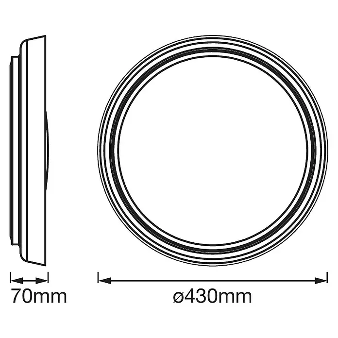 Ledvance Smart+ WiFi LED-Deckenleuchte rund Ceiling Plate - 26 W, Ø x H: 430 x 70 mm, Grau - Technische Zeichnung einer runden Deckenleuchte mit den Maßen 70 mm Tiefe und 430 mm Durchmesser.