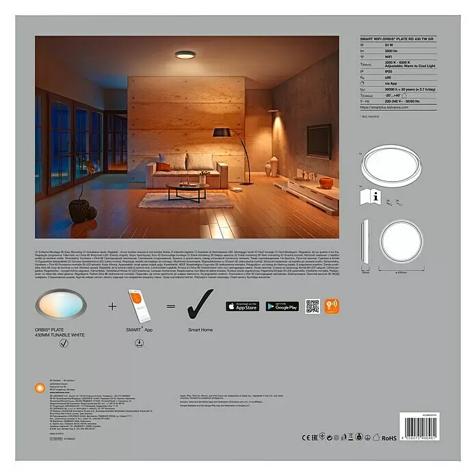 Ledvance Smart+ WiFi LED-Deckenleuchte rund Ceiling Plate - 26 W, Ø x H: 430 x 70 mm, Grau - Verpackung