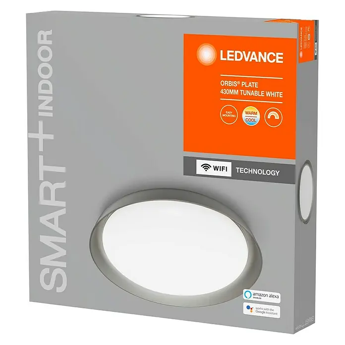 Ledvance Smart+ WiFi LED-Deckenleuchte rund Ceiling Plate - 26 W, Ø x H: 430 x 70 mm, Grau - Produktverpackung für LEDVANCE SMART+ INDOOR ORBIS® PLATE 430MM tunable white. Smarte Beleuchtung für Innenräume mit warmweißem Licht.