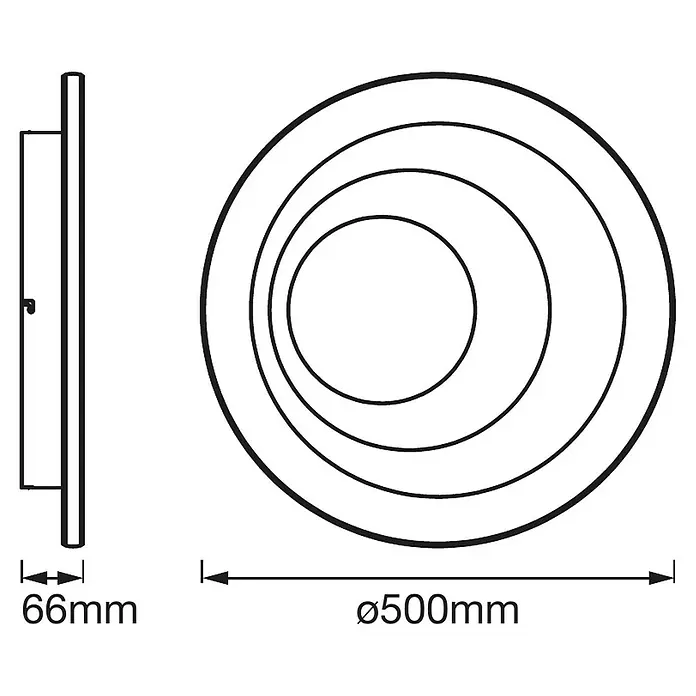 Ledvance Smart+ WiFi LED-Deckenleuchte rund Ceiling Spiral CCT - Ø x H: 500 x 66 mm - Technische Zeichnung einer runden Deckenleuchte mit den Maßen 66 mm Tiefe und 500 mm Durchmesser. Die Lampe hat konzentrische Kreise.