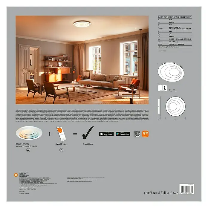 Ledvance Smart+ WiFi LED-Deckenleuchte rund Ceiling Spiral CCT - Ø x H: 500 x 66 mm - Produktdiagramm der SMART WIFI ORBIS SPIRAL RD 500 TW WT, das ihre Funktionen und Spezifikationen hervorhebt.
