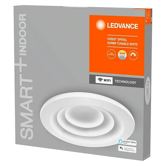 Ledvance Smart+ WiFi LED-Deckenleuchte rund Ceiling Spiral CCT - Ø x H: 500 x 66 mm - Produktverpackung für eine LEDVANCE ORBIS® SPIRAL 500mm tunable white Smart+Indoor Leuchte mit WiFi Technologie und Alexa-Unterstützung.