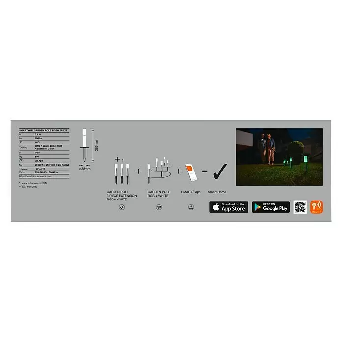 Ledvance Smart+ Erdspießleuchte Garten Pole RGBW Erweiterungs-Set - Farbe Gehäuse: Silber, RGBW, Mit Leuchtmittel - Smarte WiFi RGBW Gartenpfähle. Zeigt Produktdetails, Abmessungen, ein Erweiterungsset und beleuchtete Pfähle im Garten bei Nacht.
