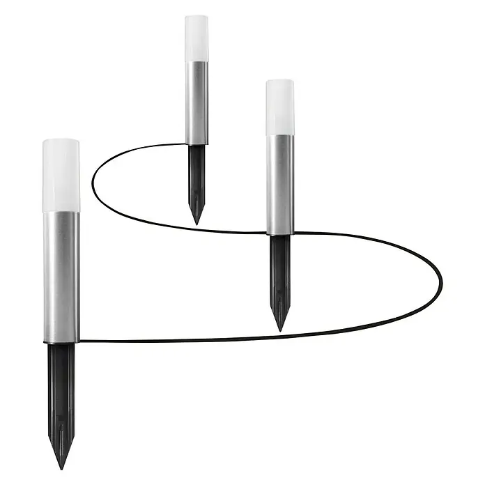 Ledvance Smart+ LED-Gartenspot Garten Pole Mini RGBW Erweiterungs-Set - RGBW, Mit Leuchtmittel - Abbildung von drei Solarleuchten mit silbernem Gehäuse und weißem Lampenkopf, verbunden durch eine Linie, auf schwarzem Hintergrund.