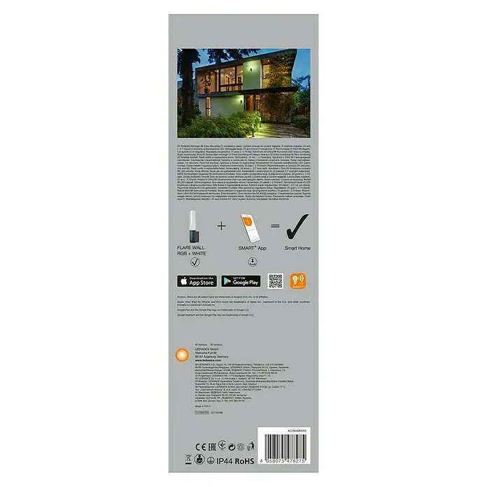 Ledvance Smart+ LED-Gartenspot Lantern Flare Wall RGBW GR - Farbe Gehäuse: Grau, RGBW, 98 x 66 x 331 mm, Mit Leuchtmittel - LEDVANCE Flare Wall RGB+White: Einfache Montage, smarte App-Steuerung & Smart Home Integration für stimmungsvolle Beleuchtung im Innen- & Außenbereich.
