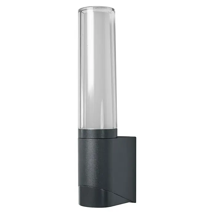 Ledvance Smart+ LED-Gartenspot Lantern Flare Wall RGBW GR - Farbe Gehäuse: Grau, RGBW, 98 x 66 x 331 mm, Mit Leuchtmittel - Eine moderne Wandleuchte mit einem zylindrischen Lampenschirm aus klarem Kunststoff und einem grauen Sockel. Ideal für den Außenbereich.