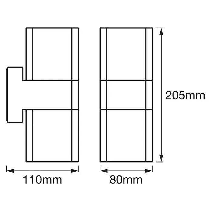 Ledvance Smart+ LED-Außenwandleuchte Wall CubeUpDown RGBW GR - 110 x 80 x 205 mm, IP44 - Abbildung eines Wandleuchters mit Maßen. Die Leuchte ist in Schwarz-Weiß dargestellt und die Maße sind eingezeichnet: 110mm, 80mm und 205mm.