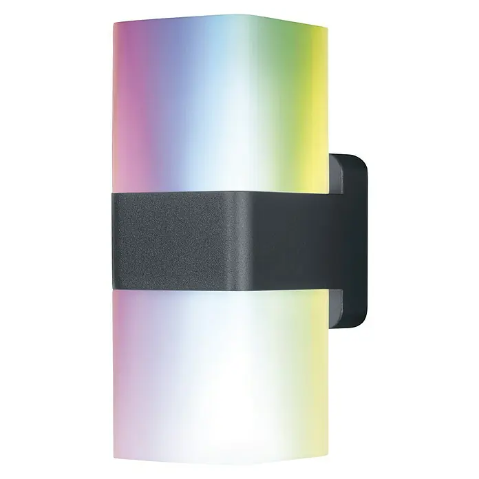 Ledvance Smart+ LED-Außenwandleuchte Wall CubeUpDown RGBW GR - 110 x 80 x 205 mm, IP44 - Nahaufnahme einer farbwechselnden LED-Wandleuchte mit zylindrischen Diffusoren und einer stilvollen, dunklen Halterung.
