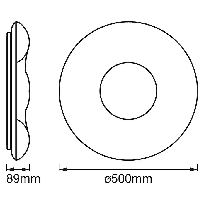 Ledvance Smart+ WiFi LED-Deckenleuchte rund Ceiling Cromo - 30 W, Ø x H: 500 x 89 mm, Weiß - Darstellung einer Deckenleuchte mit den Maßen 89 mm Tiefe und 500 mm Durchmesser.