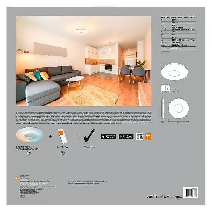 Ledvance Smart+ WiFi LED-Deckenleuchte rund Ceiling Cromo - 30 W, Ø x H: 500 x 89 mm, Weiß - Verpackung