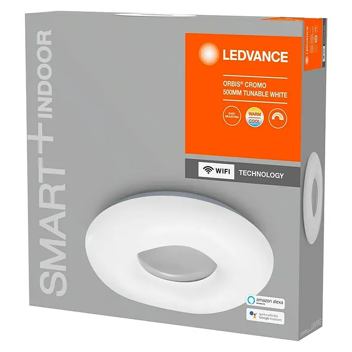 Ledvance Smart+ WiFi LED-Deckenleuchte rund Ceiling Cromo - 30 W, Ø x H: 500 x 89 mm, Weiß - Die Verpackung einer LEDVANCE ORBIS® CROMO 500MM TUNABLE WHITE Deckenleuchte, die mit Amazon Alexa und Google Assistant kompatibel ist.