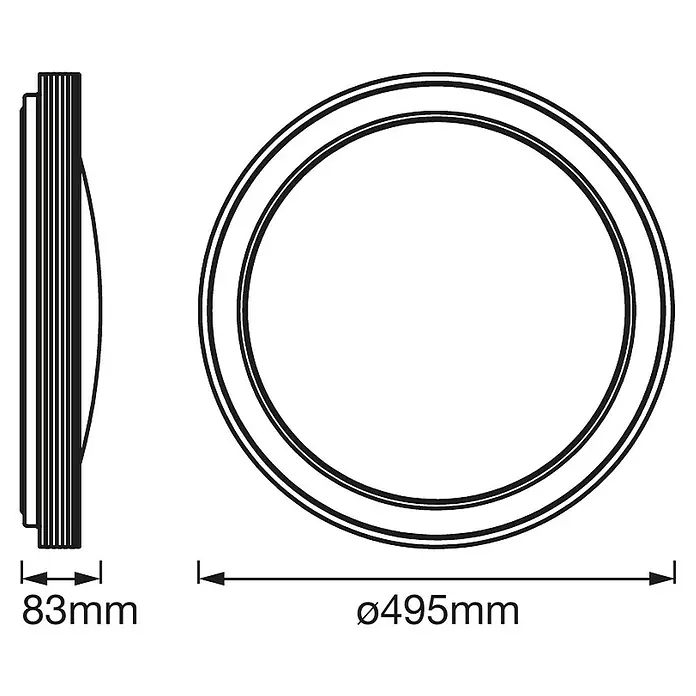 Ledvance Smart+ WiFi LED-Deckenleuchte rund Ceiling Frame - Ø x H: 495 x 83 mm, Weiß - Abbildung eines runden LED-Deckenpaneels mit den Maßen 83mm Dicke und 495mm Durchmesser. Das Paneel hat ein schlankes, modernes Design.