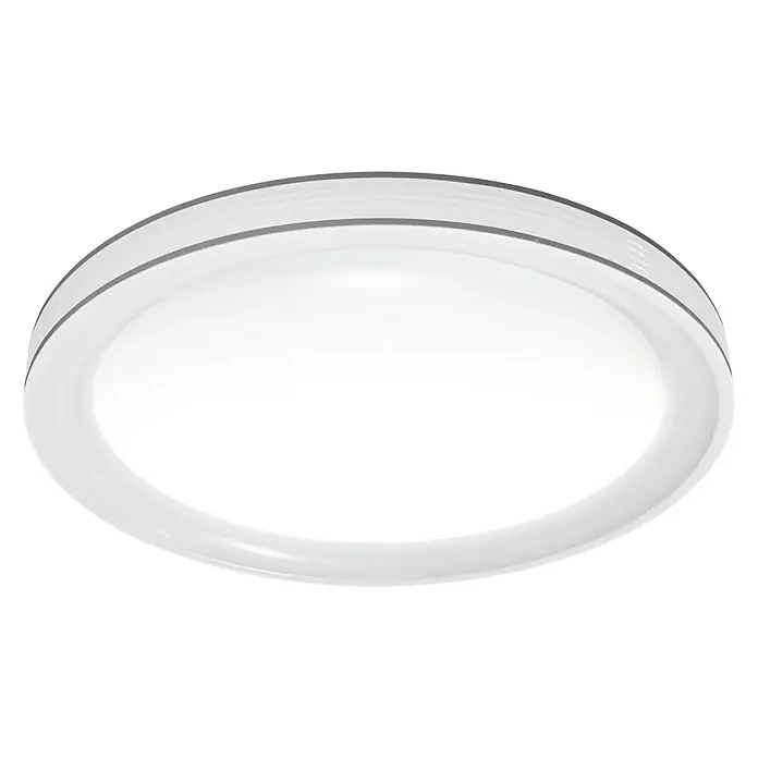 Ledvance Smart+ WiFi LED-Deckenleuchte rund Ceiling Frame - Ø x H: 495 x 83 mm, Weiß - Nahaufnahme einer runden, weißen Deckenleuchte mit grauen Akzenten vor einem schwarzen Hintergrund.