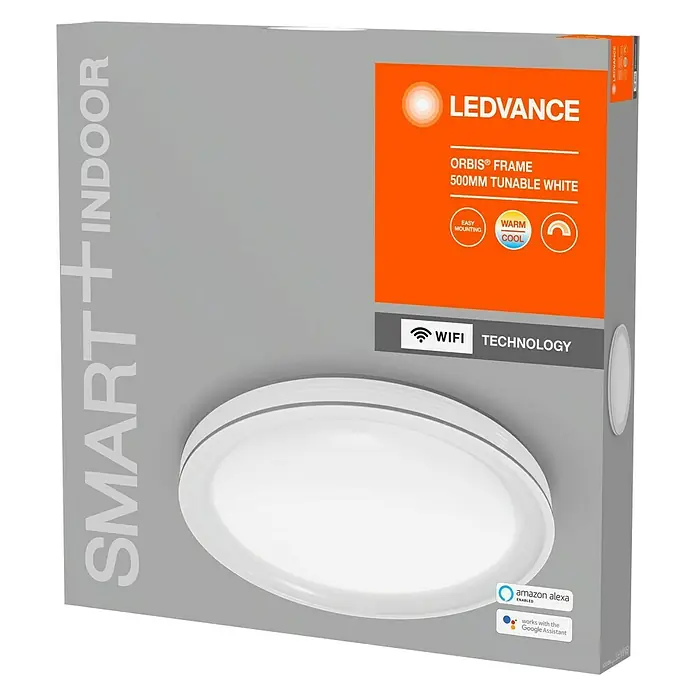 Ledvance Smart+ WiFi LED-Deckenleuchte rund Ceiling Frame - Ø x H: 495 x 83 mm, Weiß - Eine LEDVANCE ORBIS® FRAME 500MM Tunable White Smart+ Indoor Leuchte in der Verpackung, die mit Amazon Alexa und Google Assistant funktioniert.