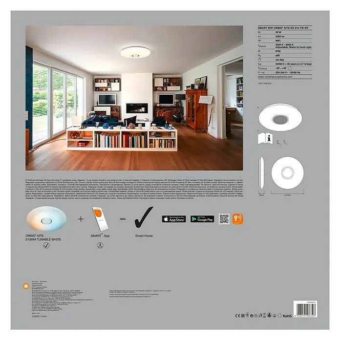 Ledvance Smart+ WiFi LED-Deckenleuchte rund Ceiling Kite - 32 W, Ø x H: 510 x 83 mm, Weiß - Produktbild: SMART WIFI ORBIS® KITE RD 510 TW WT, eine smarte LED-Deckenleuchte mit einstellbarer Farbtemperatur und App-Steuerung.