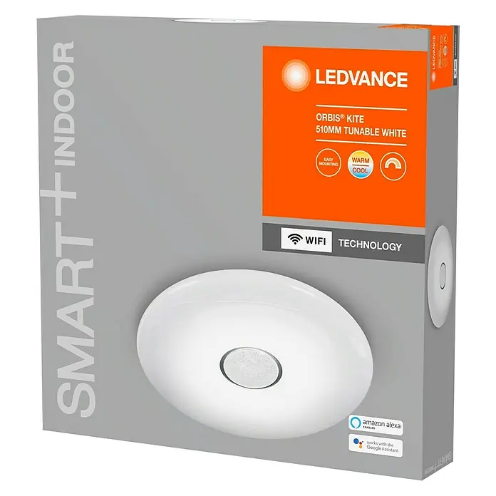 Ledvance Smart+ WiFi LED-Deckenleuchte rund Ceiling Kite - 32 W, Ø x H: 510 x 83 mm, Weiß - Produktverpackung für LEDVANCE ORBIS® KITE 510MM tunable white, smarte Innenleuchte mit WiFi-Technologie und Sprachsteuerung.
