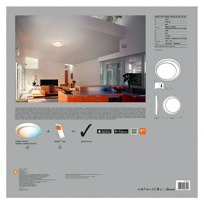 Ledvance Smart+ WiFi LED-Deckenleuchte rund Ceiling Moon32 W, Ø x H: 480 x 86 mm, Weiß/Silber - Produktverpackung für SMART WIFI ORBIS MOON RD 480 TW GR, eine intelligente, dimmbare LED-Deckenleuchte mit einstellbarer Farbtemperatur.