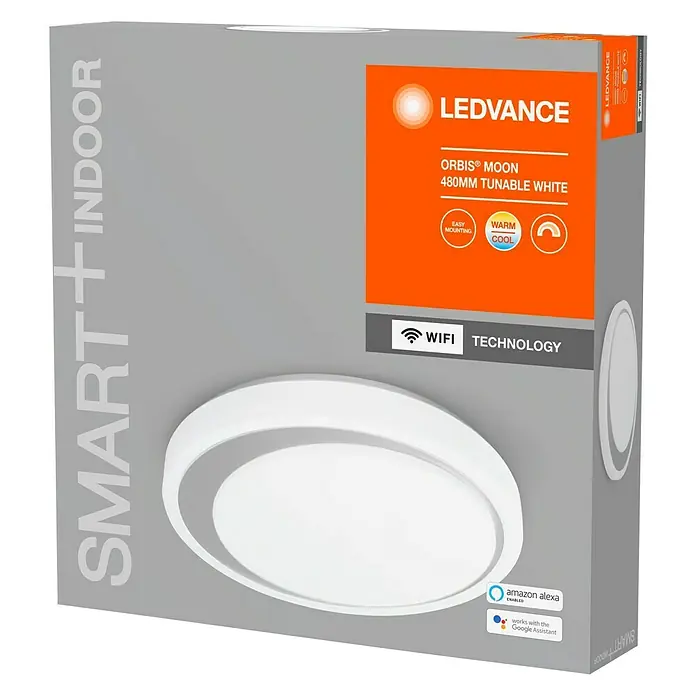 Ledvance Smart+ WiFi LED-Deckenleuchte rund Ceiling Moon - 32 W, Ø x H: 480 x 86 mm, Weiß/Silber - Verpackung der LEDVANCE SMART+ ORBIS® MOON Deckenleuchte mit 480 mm Durchmesser und tunable white Funktion für den Innenbereich.