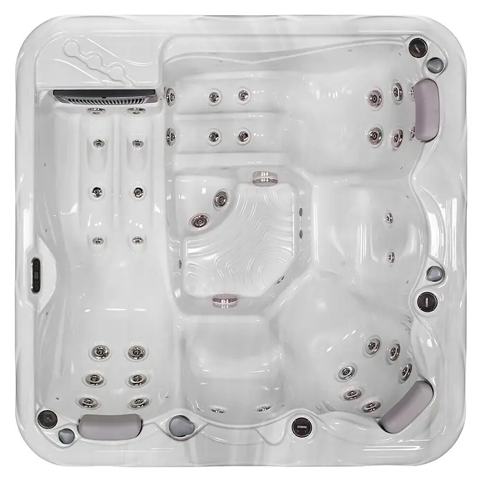 Camargue Außen-Whirlpool Spirit - 200 x 200 x 89 cm, Grau/Weiß, Max. Personenzahl: 5 - Ein luxuriöser Whirlpool in Weiß mit eingebauten Düsen, perfekt für Entspannung und therapeutische Anwendungen im eigenen Zuhause.