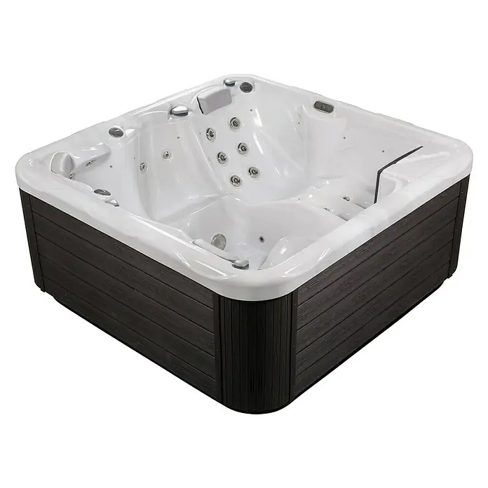 Camargue Außen-Whirlpool Spirit - 200 x 200 x 89 cm, Grau/Weiß, Max. Personenzahl: 5 - Elegantes, quadratisches Hot Tub mit grauer Holzverkleidung und zahlreichen Düsen für eine luxuriöse Entspannung.