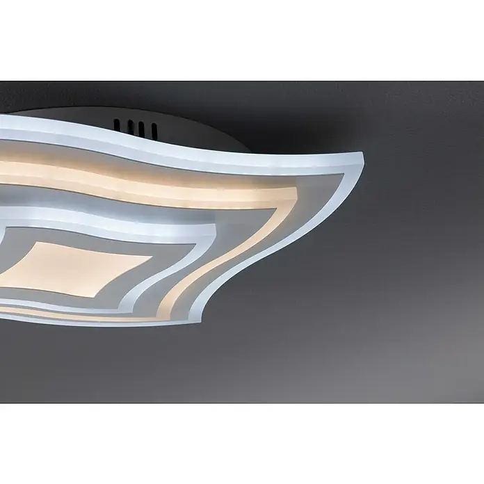 Fischer & Honsel LED-Deckenleuchte Gorden - 38 W, L x B x H: 43 x 43 x 6 cm, Weiß, Mehrfarbig - Nahaufnahme einer modernen, wellenförmigen Deckenleuchte mit warmweißem Licht, die ein stilvolles Ambiente in jeden Raum bringt.