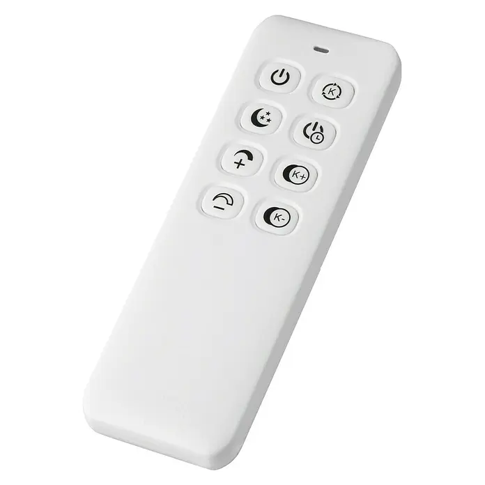 Fischer & Honsel LED-Deckenleuchte Gorden - 38 W, L x B x H: 43 x 43 x 6 cm, Weiß, Mehrfarbig - Nahaufnahme einer weißen Fernbedienung mit mehreren Tasten zur Steuerung eines Geräts oder Systems.