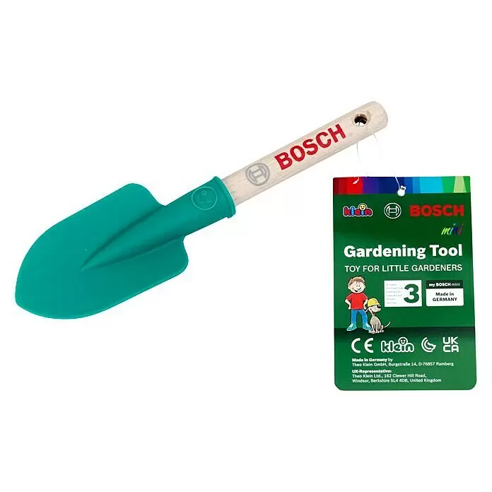 Klein Bosch Kinder-Schaufel Rund - Länge: 22 cm - Türkise Spielzeug-Gartenschaufel aus Kunststoff und Holz mit grüner 'Bosch Mini'-Verpackung.