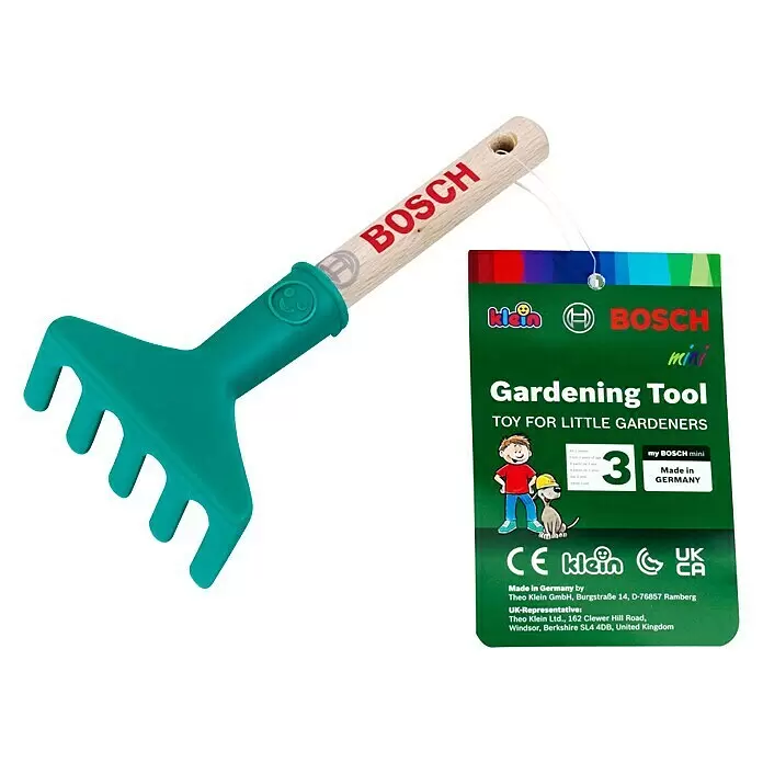 Klein Bosch Kinder-Laubrechen - Länge: 17,5 cm - Grün-plastik und Holz Bosch Spielzeugharke mit Produktetikett für „my BOSCH mini Gardening Tool“.