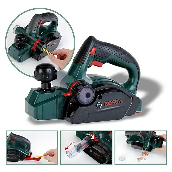 Klein Bosch Hobel für Kinder - mit Bleistiftspitzer - Grüner und schwarzer Bosch Spielzeug-Hobel, der einen Bleistift spitzt und Späne sammelt.