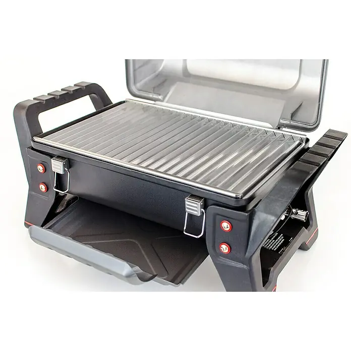 Char-Broil Gasgrill Grill2Go - Grillfläche (B x T): 44 x 28 cm, 2,7 kW, Anzahl Brenner: 2 - Bild eines tragbaren Gasgrills mit Grillrost und abnehmbarer Tropfschale, ideal für Grillen unterwegs.