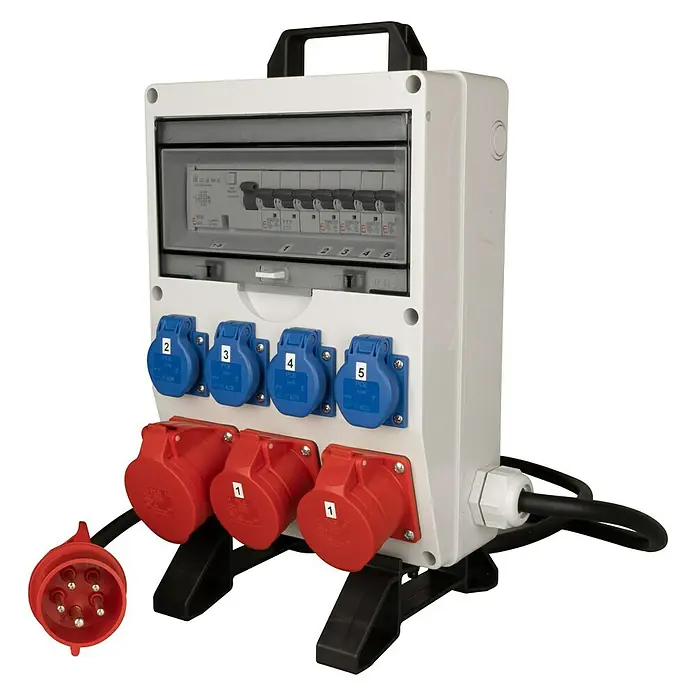 Baustromverteiler - Anzahl CEE-Steckdosen: 3 Stk., Anzahl Steckdosen Schuko: 4 Stk., IP54 - Mobiles Stromverteiler-System mit mehreren Steckdosen und einem Schutzschalter für den flexiblen Einsatz auf Baustellen und Veranstaltungen.