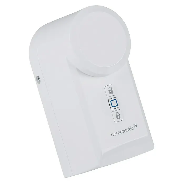 Homematic IP Funk-Türschlossantrieb HmIP-DLD - Weiß, Batteriebetrieben, 36 x 56 x 118 mm - Nahaufnahme eines weißen Homematic IP Geräts zur Steuerung von Smart Home Funktionen.
