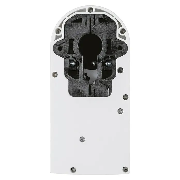 Homematic IP Funk-Türschlossantrieb HmIP-DLD - Weiß, Batteriebetrieben, 36 x 56 x 118 mm - Nahaufnahme einer weißen Kunststoffhalterung mit schwarzem Innenteil und mehreren Schrauben zur Befestigung.