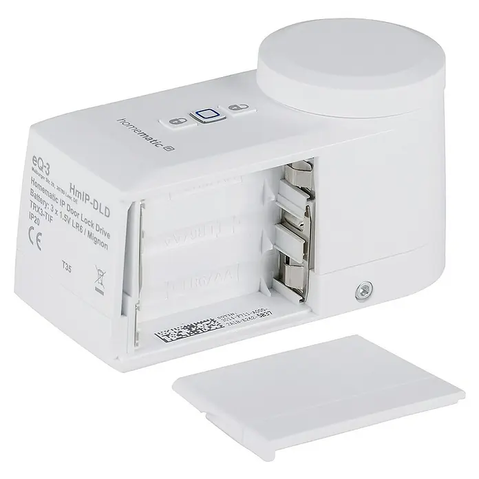 Homematic IP Funk-Türschlossantrieb HmIP-DLD - Weiß, Batteriebetrieben, 36 x 56 x 118 mm - Nahaufnahme des Homematic IP Türschlossantriebs mit offenem Batteriefach, das drei LR6/AA-Batterien aufnimmt.