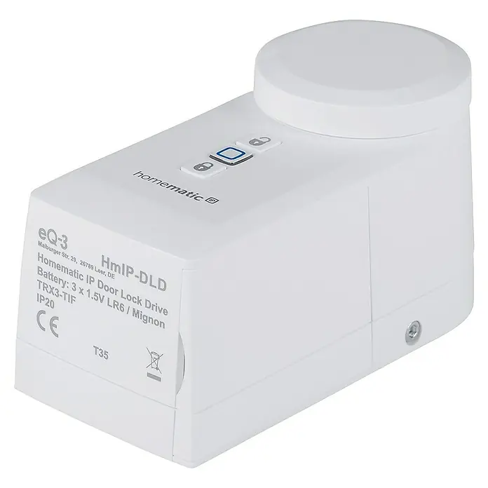 Homematic IP Funk-Türschlossantrieb HmIP-DLD - Weiß, Batteriebetrieben, 36 x 56 x 118 mm - Abbildung eines Homematic IP Türschlossantriebs, der intelligente Sicherheit und Komfort für Ihr Zuhause bietet.
