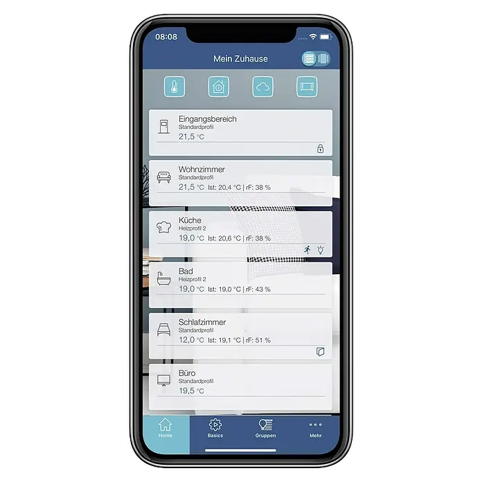 Homematic IP Funk-Türschlossantrieb HmIP-DLD - Weiß, Batteriebetrieben, 36 x 56 x 118 mm - Smartphone-Display mit geöffneter Smart-Home-App, die Temperatur- und Feuchtigkeitseinstellungen für verschiedene Räume anzeigt.