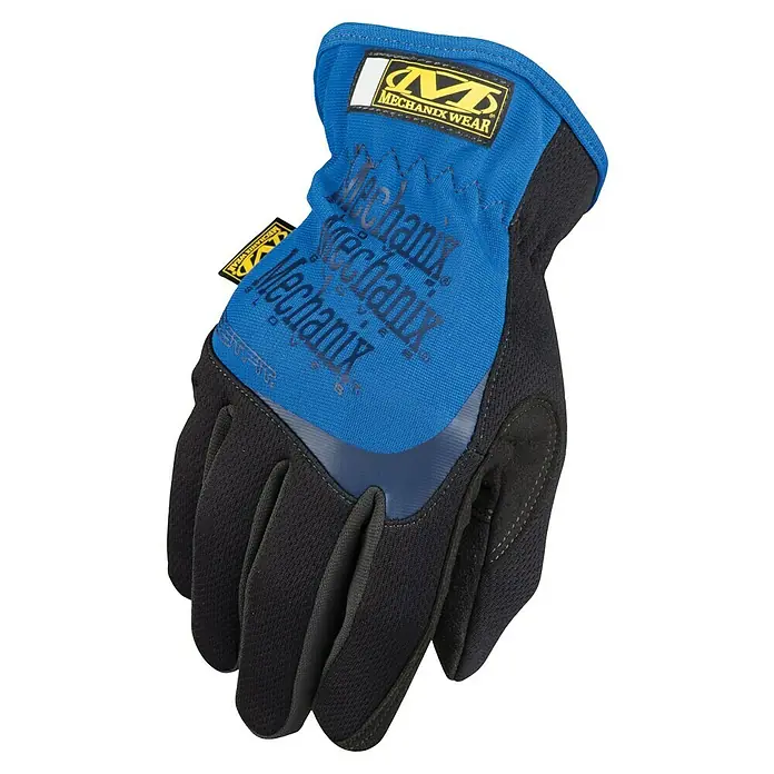 Mechanix Wear Arbeitshandschuhe FastFit - S, Blau - Nahaufnahme eines Mechanix Wear Arbeitshandschuhs in Blau und Schwarz, ideal für Arbeiten, die Präzision und Schutz erfordern.