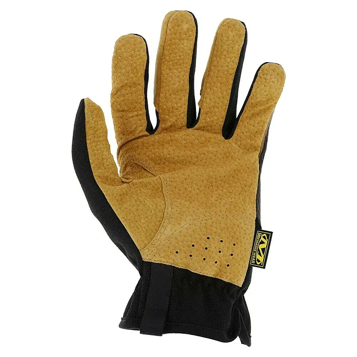 Mechanix Wear Arbeitshandschuhe Durahide FastFit - M, Braun - Nahaufnahme eines Mechanix Wear Arbeitshandschuhs mit Lederhandfläche und atmungsaktivem Design für Komfort und Haltbarkeit.
