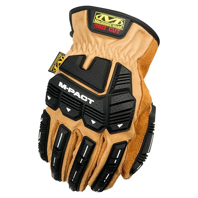 Mechanix Wear Arbeitshandschuhe DuraHide M-Pact Driver F9-360 - S, Braun/Schwarz - Ein Paar Mechanix Wear M-Pact 360° Cut Arbeitshandschuhe mit Handflächen aus Leder und schwarzem Aufprallschutz.