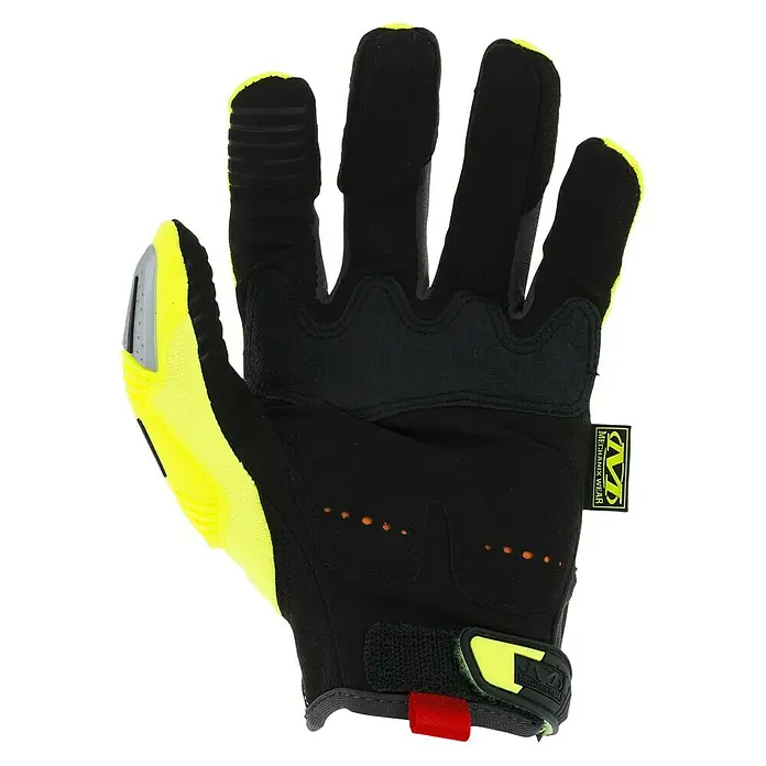 Mechanix Wear Arbeitshandschuhe Hi-Viz M-Pact - M, Fluoreszierendes Gelb - Gelb-schwarzer Mechanix Wear Handschuh, Handfläche nach oben, robust und funktional für anspruchsvolle Aufgaben.