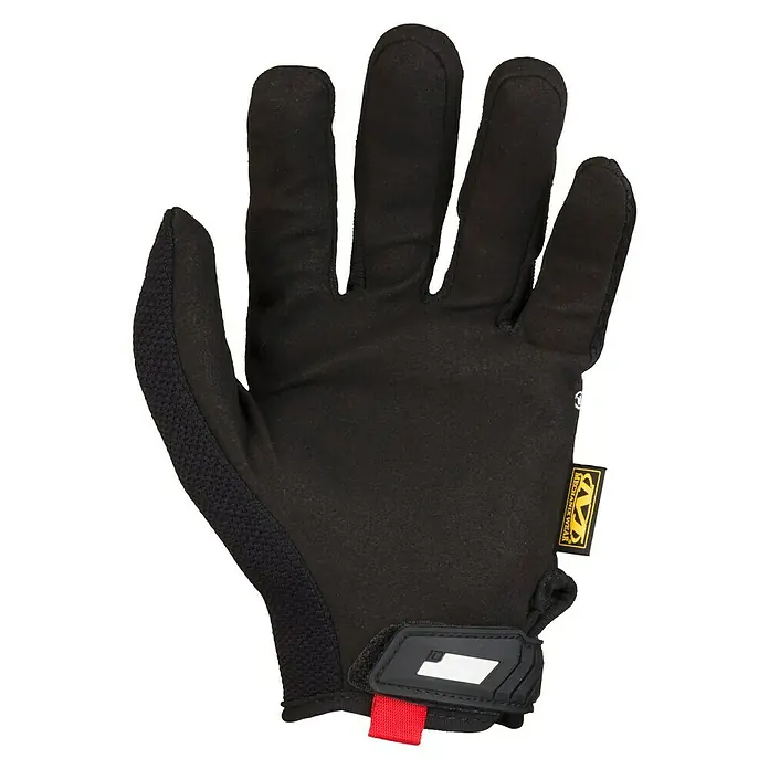Mechanix Wear Arbeitshandschuhe The Original - S, Rot - Nahaufnahme eines schwarzen Mechanix Wear Arbeitshandschuhs mit rotem Band.