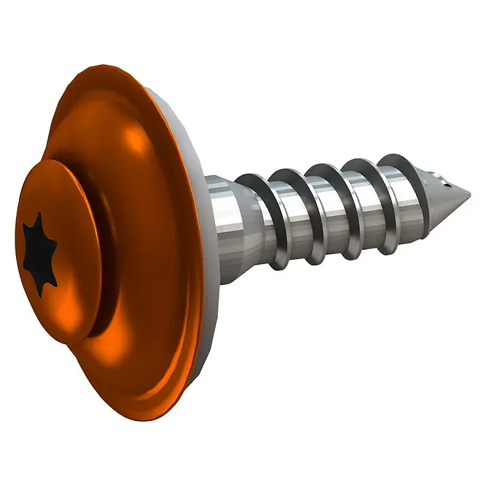 Sarei Piccolo Spenglerschraube - Ø x L: 4,5 x 20 mm, Edelstahl, 25 Stk., Ziegelrot - Nahaufnahme einer Senkkopfschraube mit Torx-Antrieb und orangefarbenem Flachkopf unterlegscheibe, ideal für Befestigungen.