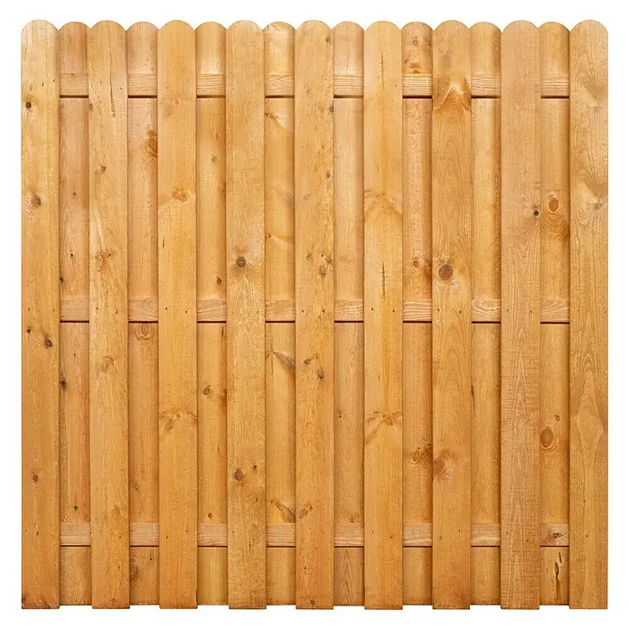 Sichtschutzelement Starnberg - 180 x 180 cm, Herbstgold - Detailaufnahme eines Holzzauns, der aus vertikalen Brettern mit abgerundeten Oberseiten und horizontalen Verstrebungen besteht, die ein rustikales Erscheinungsbild verleihen.
