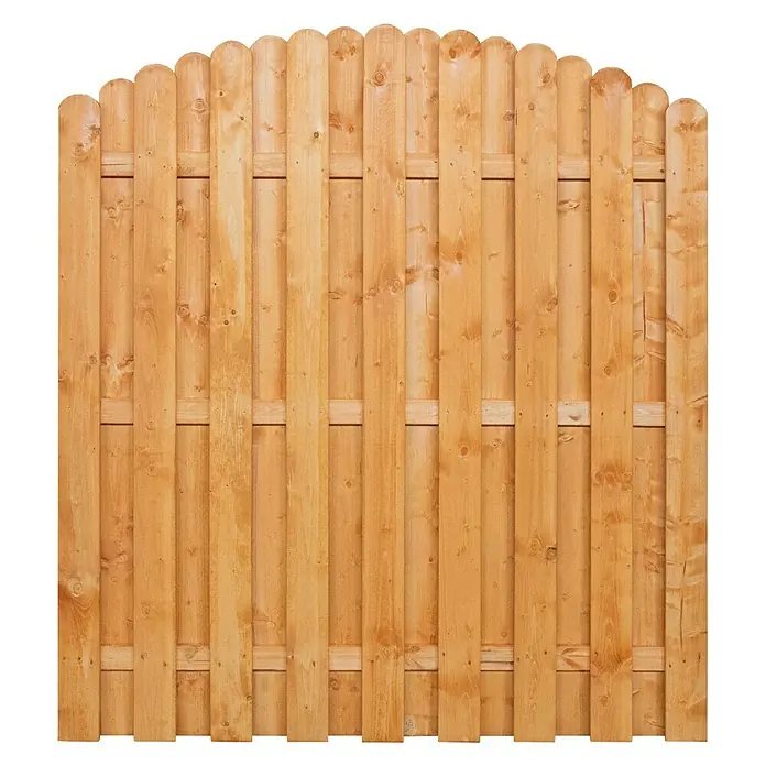 Sichtschutzelement Starnberg - 180 x 180/200 cm, Herbstgold - Nahaufnahme eines Holzzauns mit abgerundeten Latten und horizontalen Verstrebungen. Ideal für Gärten und Grundstücke zur Abgrenzung und Dekoration.