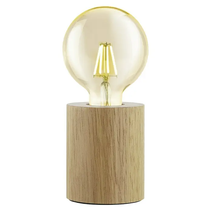Eglo Lámpara de sobremesa Turialdo - 28 W, Marrón, E27 - Primer plano de una lámpara de mesa decorativa con base de madera y una bombilla redonda grande que emite una luz cálida.